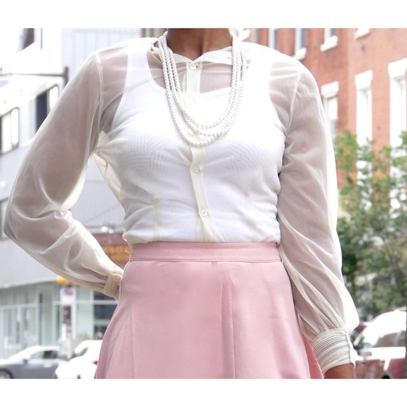 CREAM SEE-THROUGH BUTTON DOWN BLOUSE - Picture 2 of 2